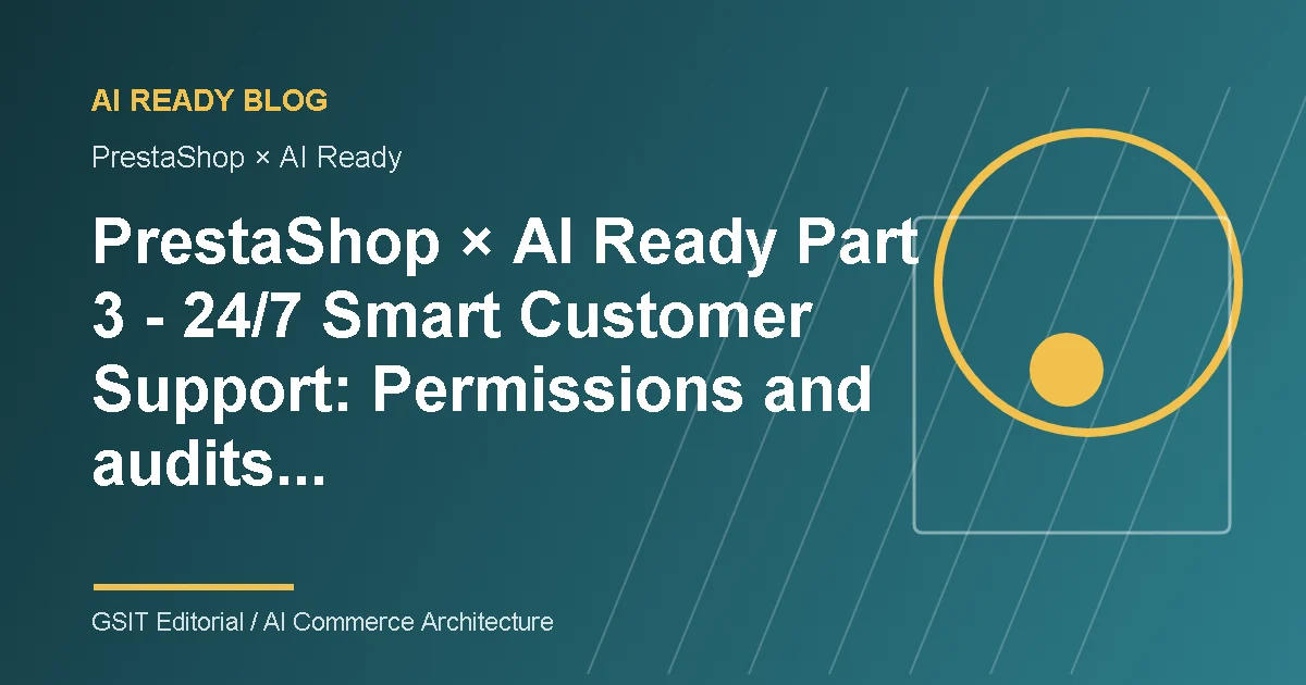 PrestaShop × AI Ready 3 24/7 Smart Customer Support: Schematic diagram of AI Ready ecommerce content management and system integration of permissions and audits that must be done when integrating customer support modules